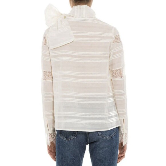 CHELSEA‎ AND WALKER Bow Blouse Ivory Silk Lace Long Sleeve Blouse Women's 6 - Picture 2 of 16
